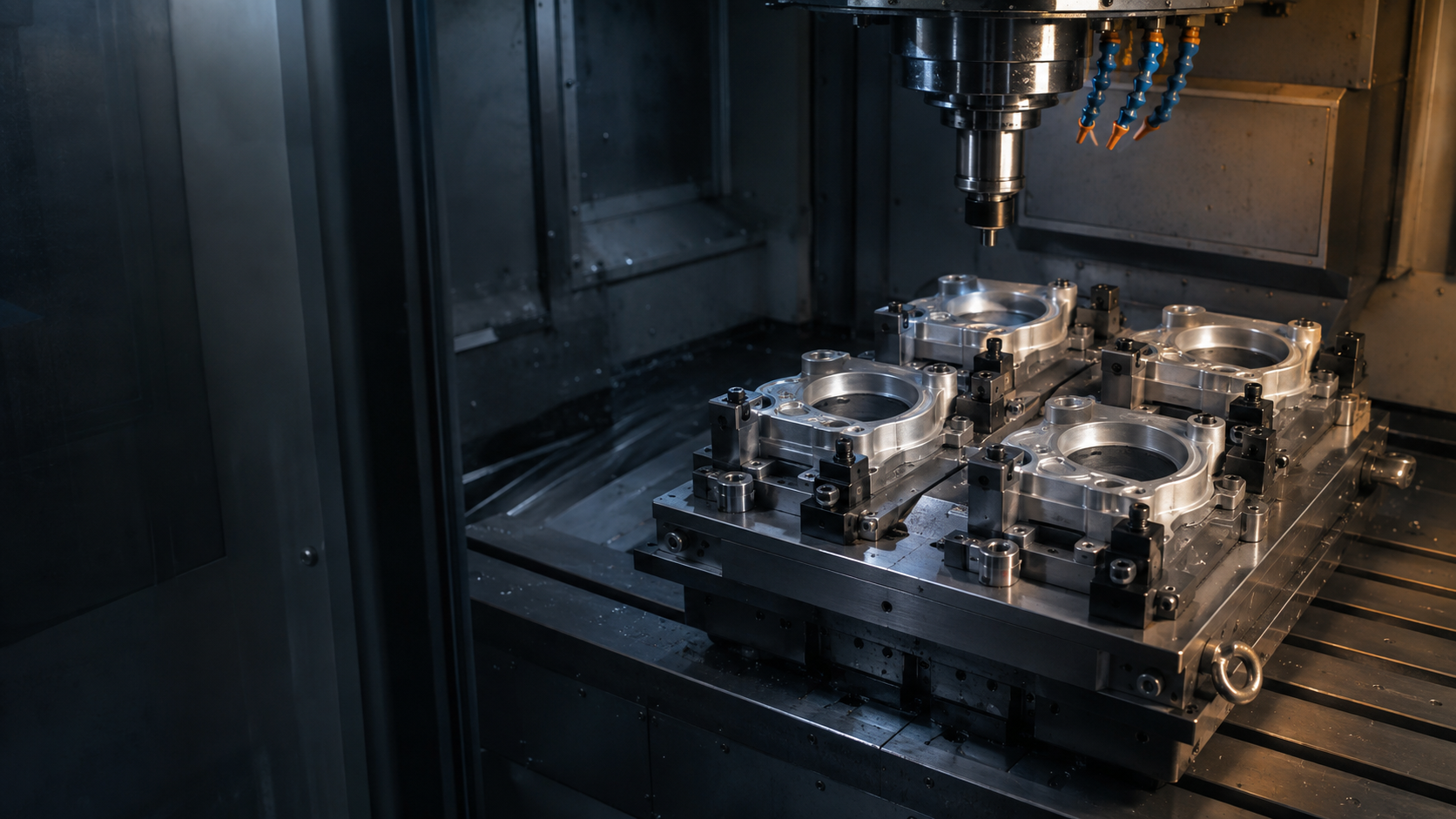 Representative CNC milling setup with four components held in a multi-part fixture
